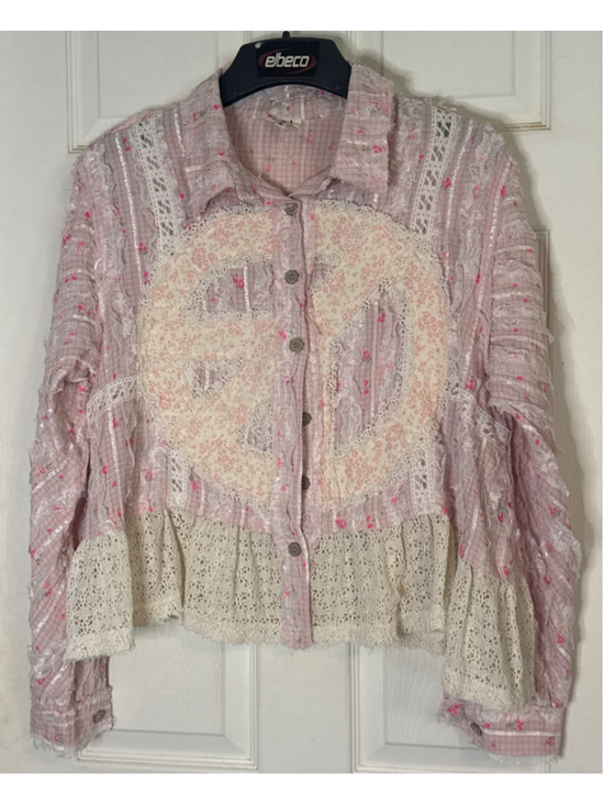 POLS Tops - POLS Pink Beige Peace Sign Button Down Shirt S